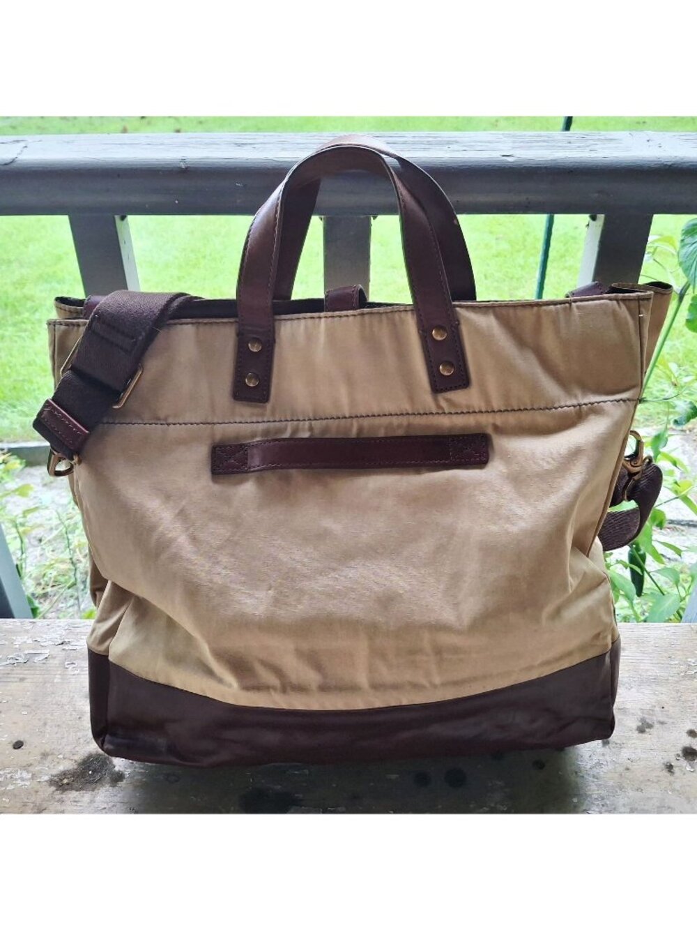Fossil Canvas & Leather Tote Bag With Adjustable Strap And Inner Pockets For Men